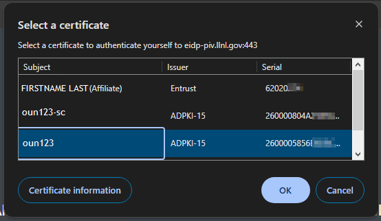 A window showing a dialog box to select a certificate.