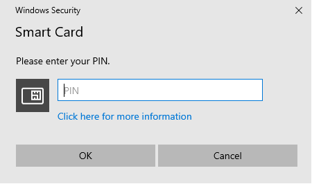 A Windows Security prompt showing a dialog to enter in the user's PIN.