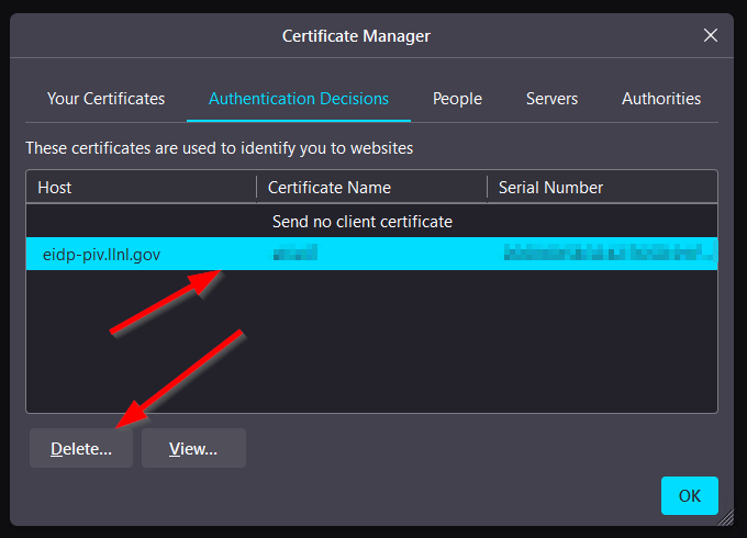 A dialog box showing a list of certificates for a user to delete